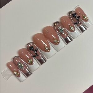 Long square press on nails white French tips charms silver chrome handmade